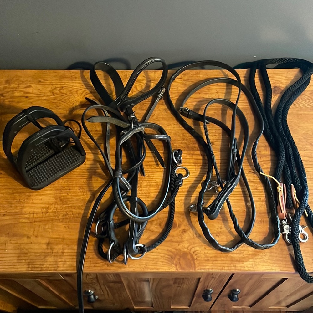 Leather bridle, leather reins, rope reins, bitless attachment, composite irons